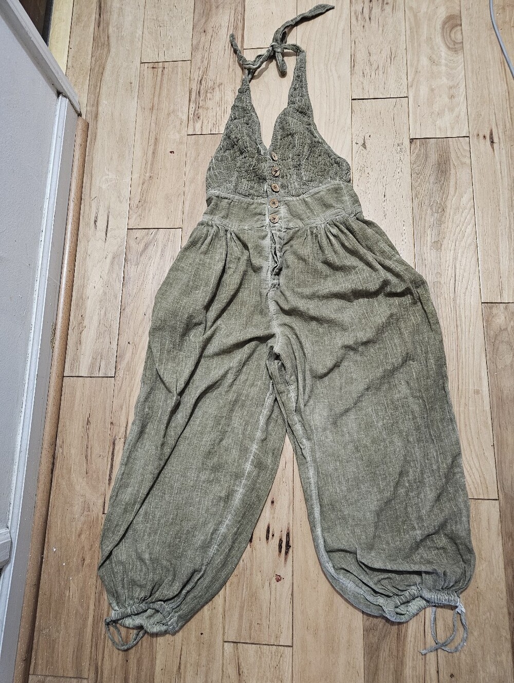 Free People Olive Halter Smocked Wide-Leg Jumpsuit
